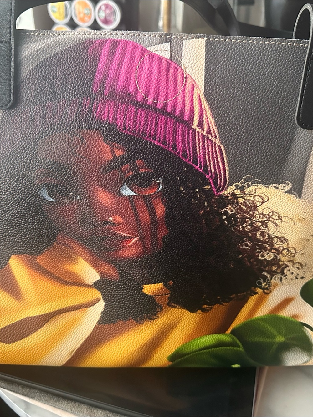 Graphic Tote Bag with Pink Beanie Illustration